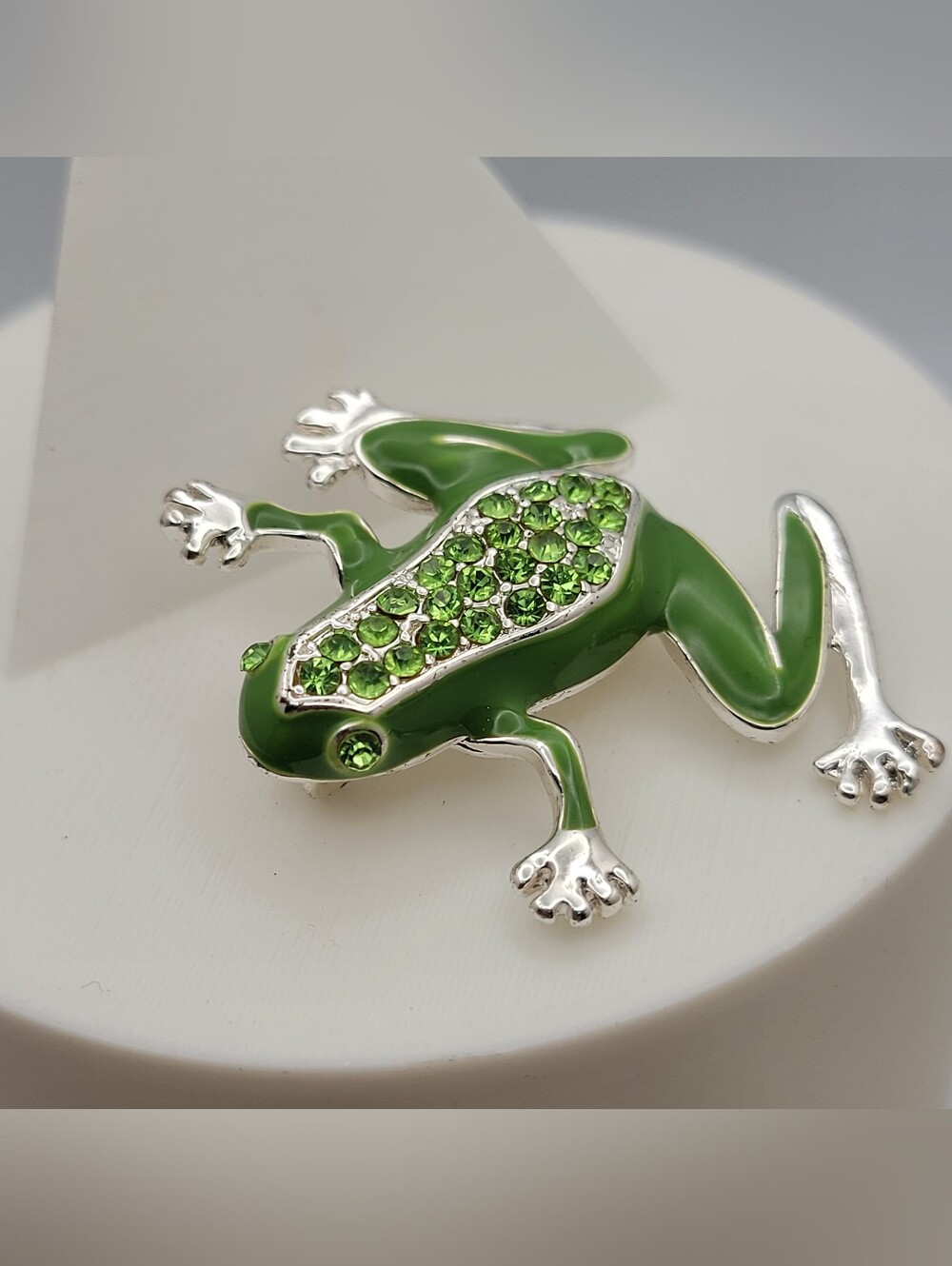 Green Enamel Frog Brooch Pin Pave Rhinestone Silver Tone Fashion Jewelry